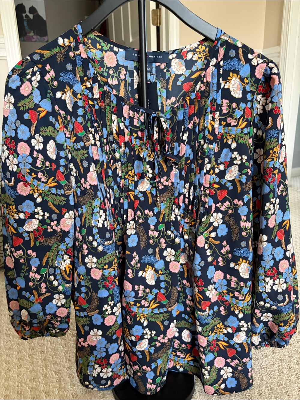 Tommy Hilfiger Navy Multicolor Floral Tie-Neck Blouse